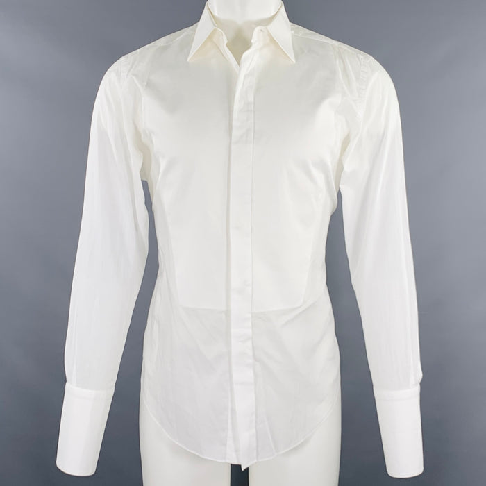BRIONI Size M White Cotton Curved Cutaway Long Sleeve Shirt