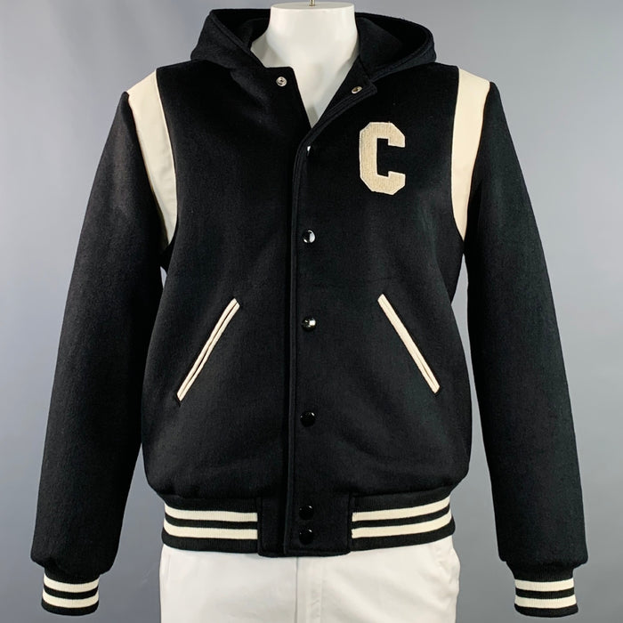 CELINE Size L Black White Patch Cotton Hooded Varsity Jacket