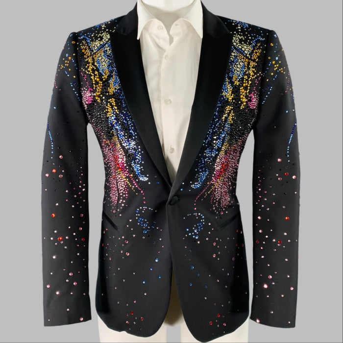 EMPORIO ARMANI SS20 Size 38 Black Multi Color Rhinestone Virgin Wool Tuxedo Jacket