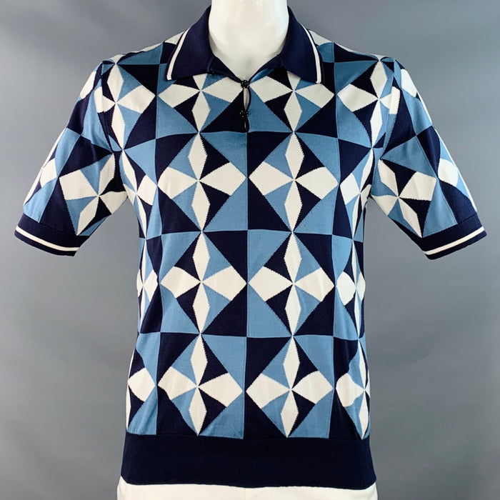DOLCE & GABBANA Size L Blue White Graphic Geometric Silk Short Sleeve Polo