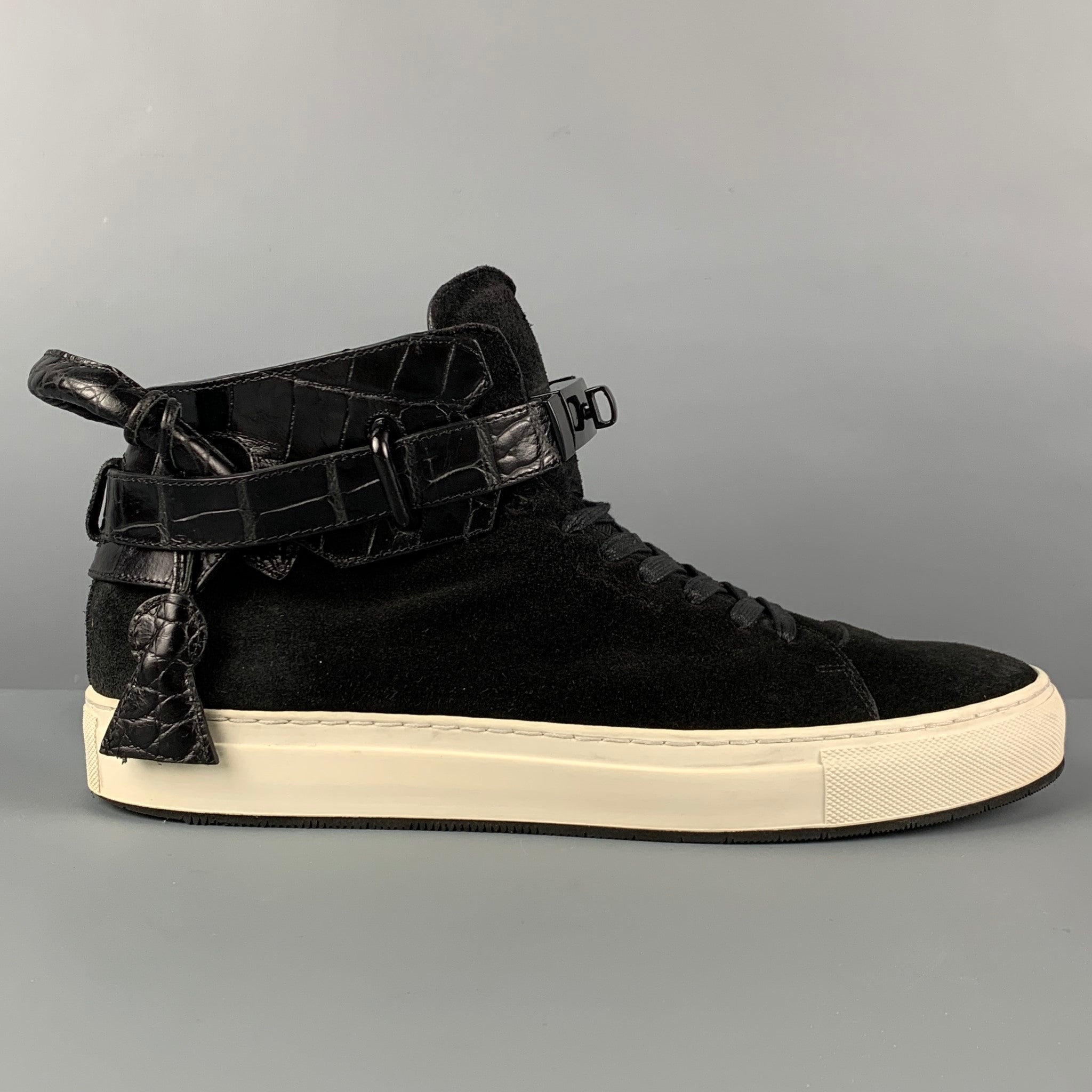 BUSCEMI Size 11 100MM Black Embossed Suede High Top Sneakers Sui Generis Designer Consignment