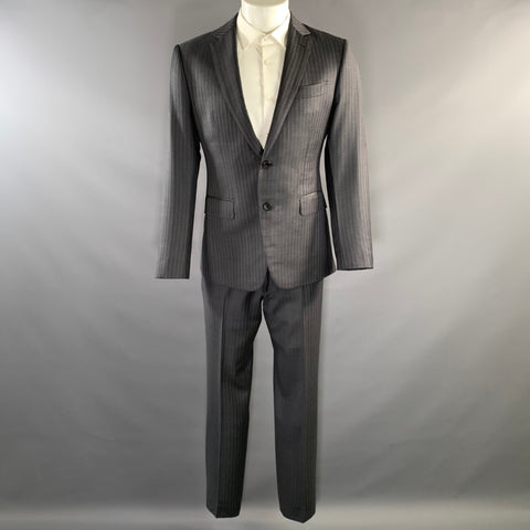 E-RAVE CUSTOM SHOP Chest Size 42 Grey Blue Pinstripe Wool Notch Lapel 34 33 Suit