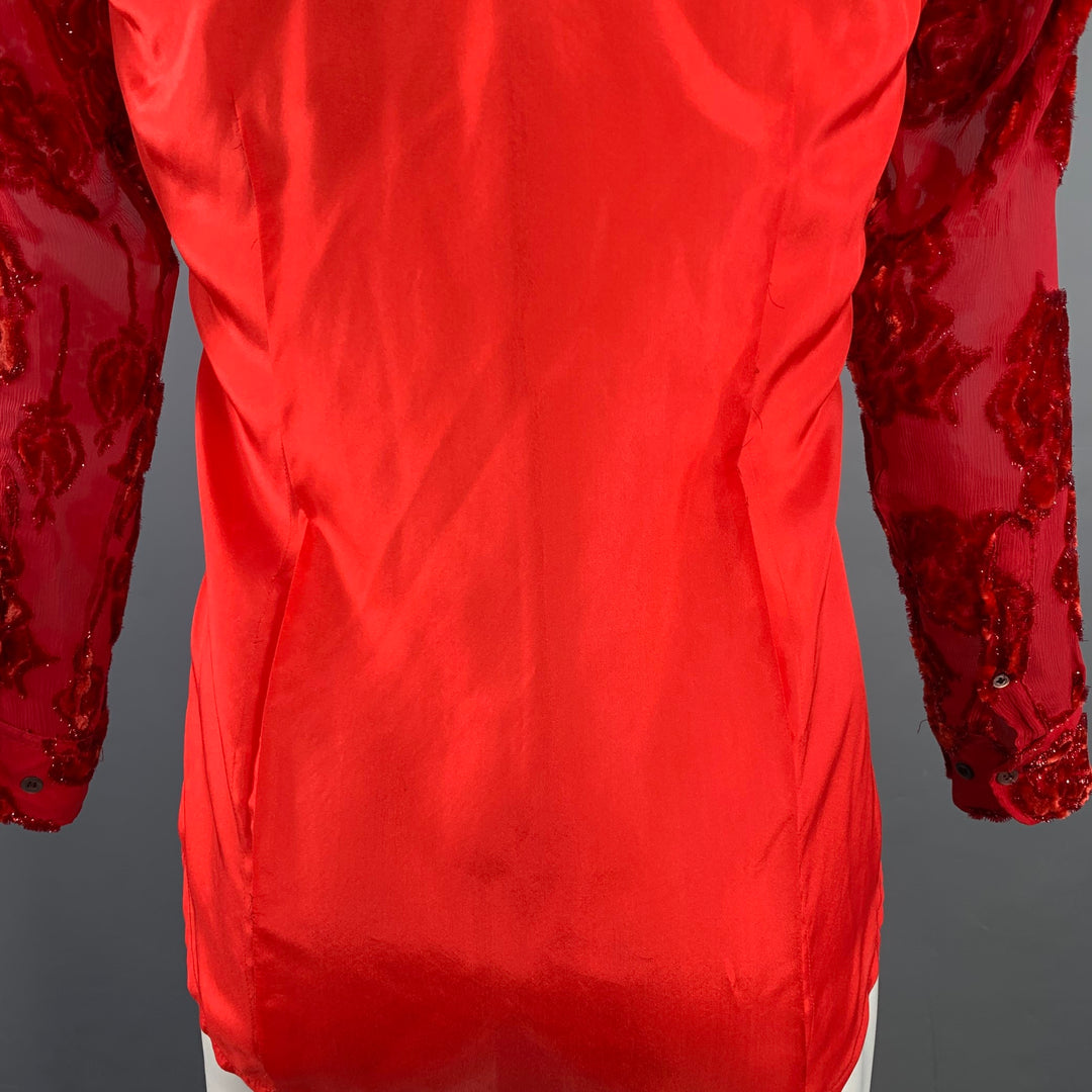 DRIES VAN NOTEN Size 38 Red Floral Viscose Silk Blend Sheer Long Sleeve Shirt