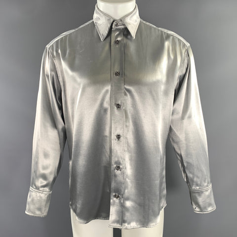 ENFANTS RICHES DEPRIMES SS2016 Size M Silver Metallic Silk Button Up Long Sleeve Shirt