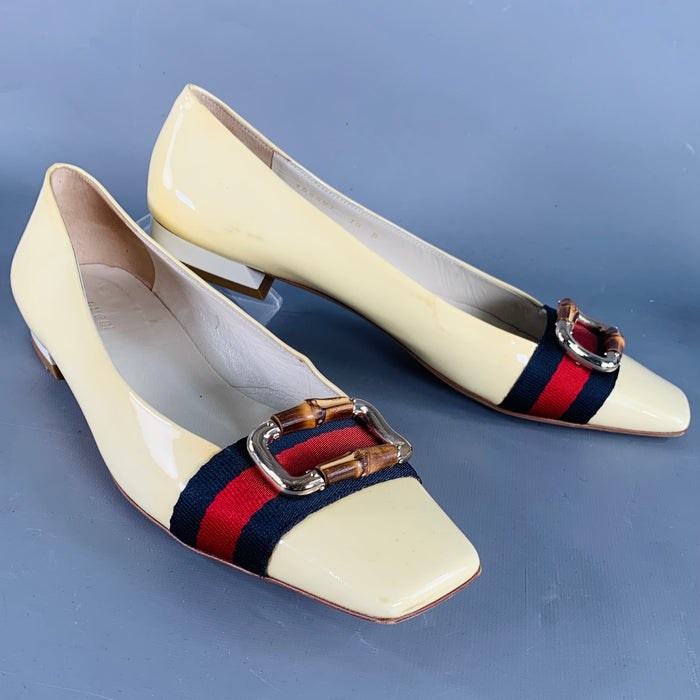 GUCCI Vintage Size 10 Vernice Beige Red Blue Patent Leather Web Bamboo Buckle Flats