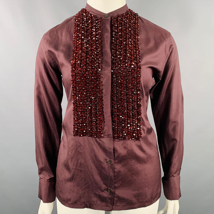 DRIES VAN NOTEN Size L Brown Burgundy Silk Beaded French Cuff Shirt