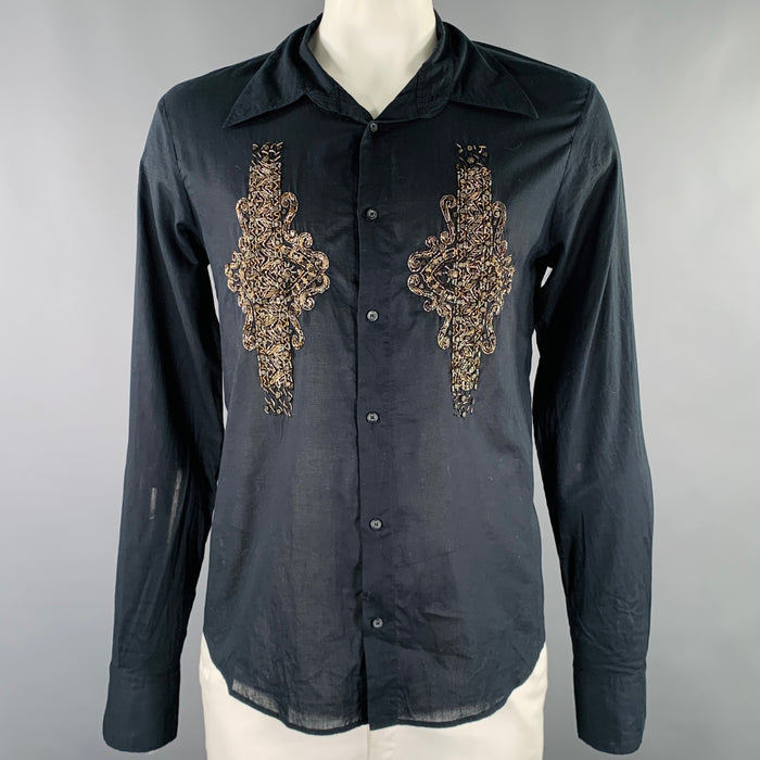 JUST CAVALLI Size 42 Black Gold Embroidery Metal Long Sleeve Shirt