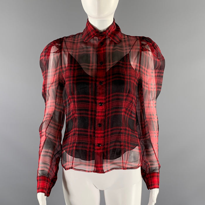 RALPH LAUREN Size 4 Red Black Silk Plaid Balloon sleeves Blouse