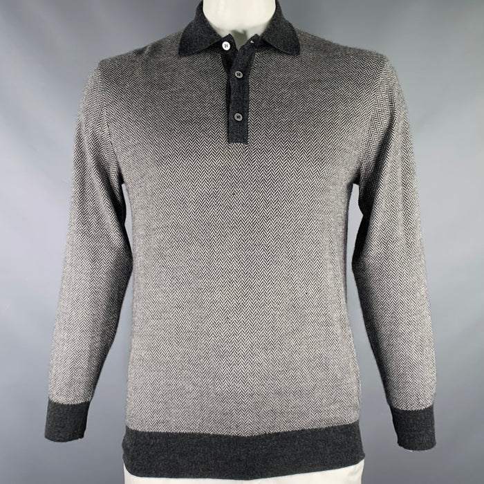 BRIONI Size L Grey Herringbone Cashmere Silk Polo Pullover