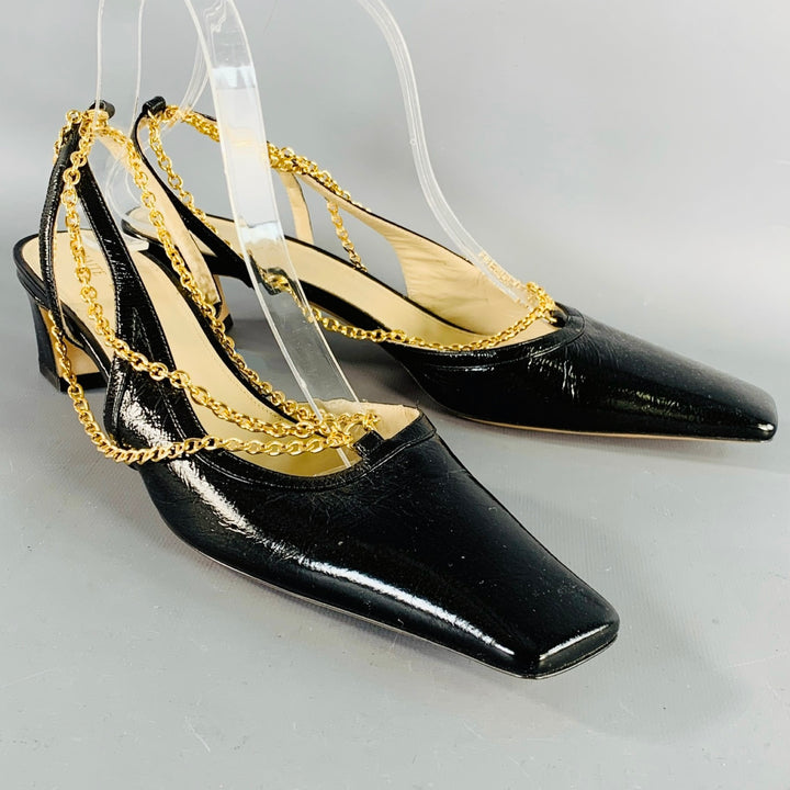 KHAITE Size 9.5 Marfa Black Gold Leather Crinkled Chain Slingback Pumps