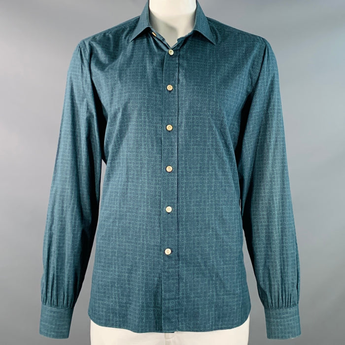 KITON Size XXL Green Navy Dots Cotton Curved Cutaway Long Sleeve Shirt