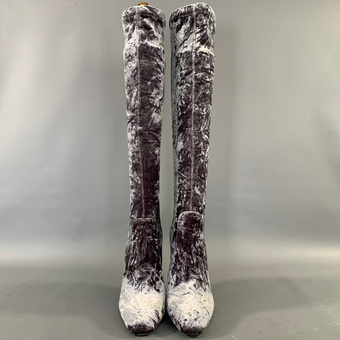 SAINT LAURENT Size 7 Grey Velvet Crushed Sock Boots