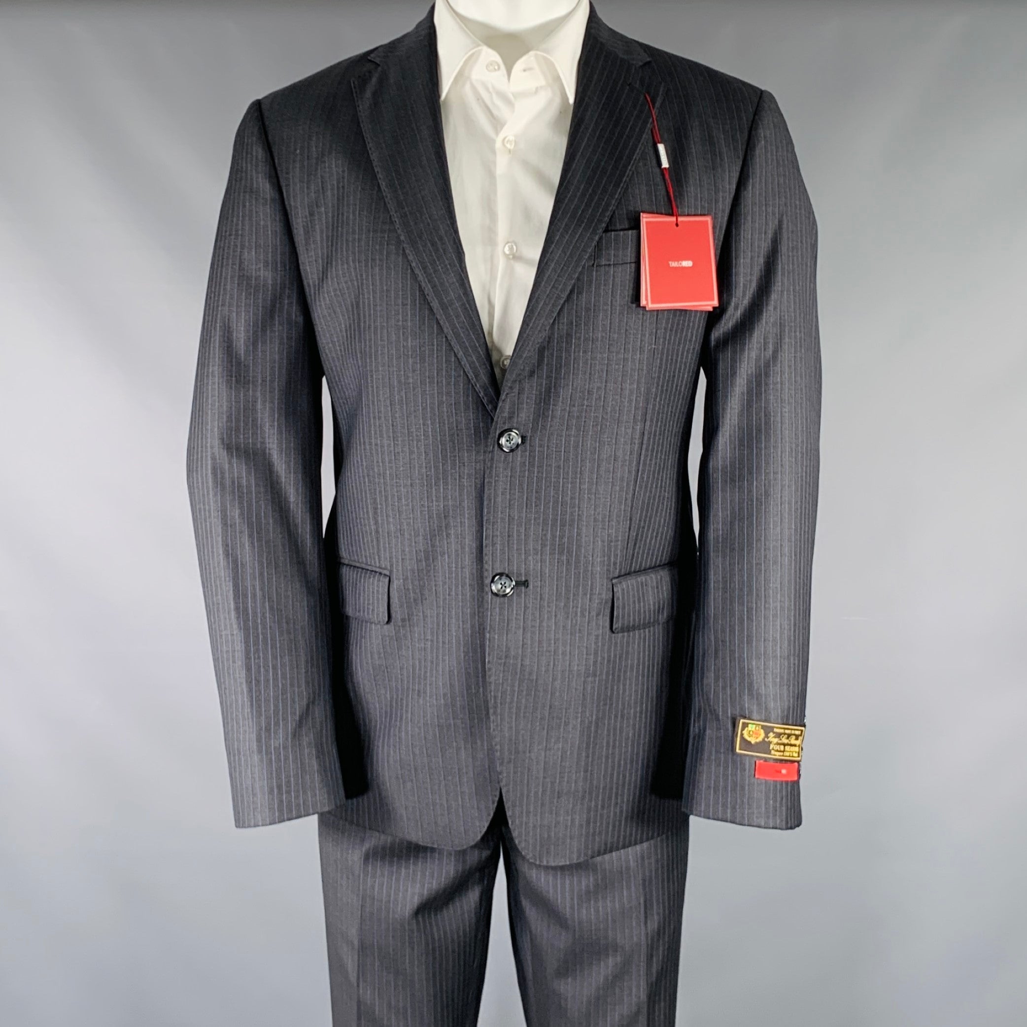 TAILO RED Size 40 Grey Light Blue Pinstripe Wool Single Breasted Suit TAILO RED Size 40 Grey Light Blue Pinstripe Wool Single Breasted Suit