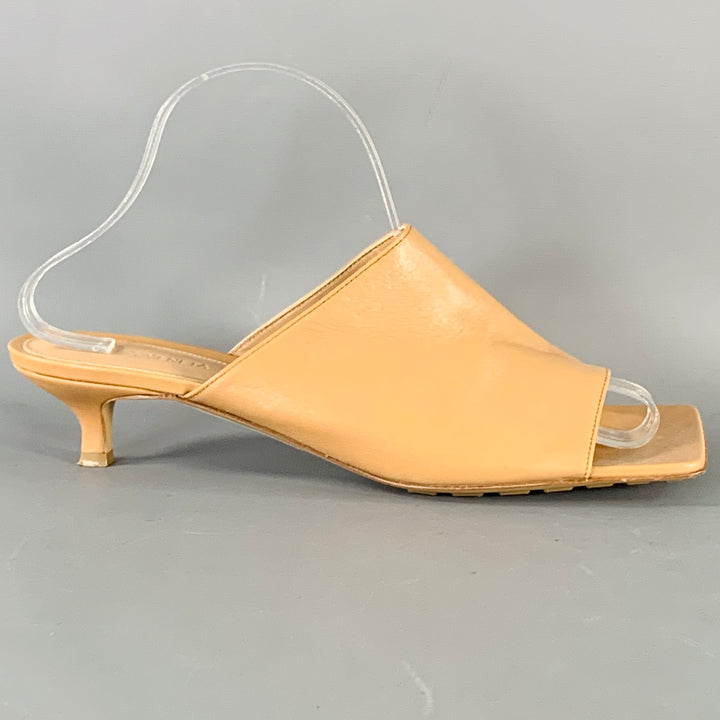 BOTTEGA VENETA Size 10 Tan Leather Square Toe Kitten Heel Mules Sandals