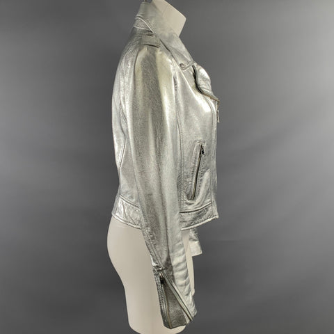 LAMARQUE Size M Silver Leather Metallic Biker Jacket