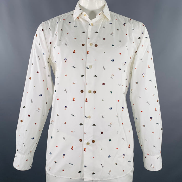PAUL SMITH Size L White Multi Color Picture Cotton Long Sleeve Shirt