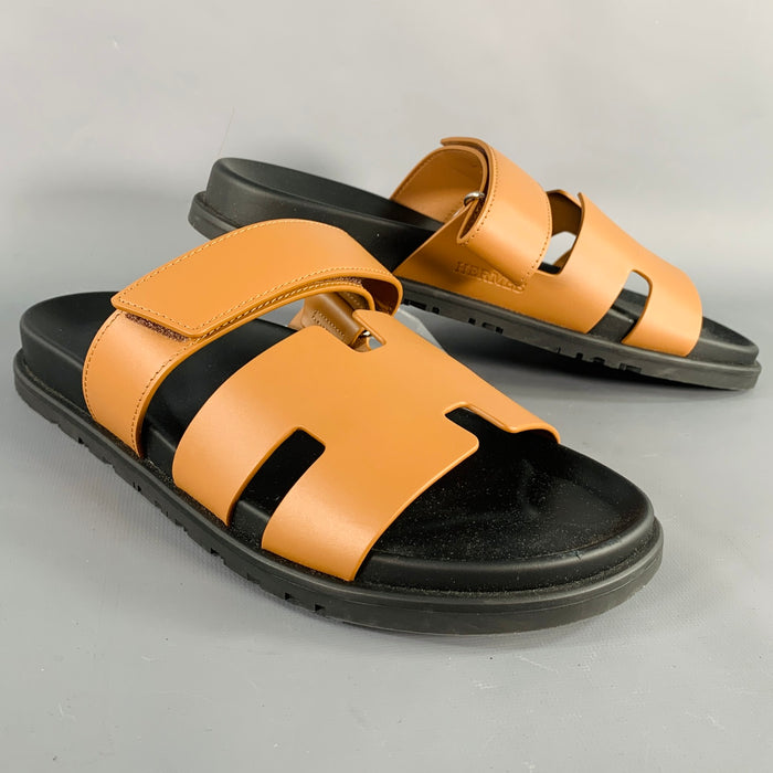 HERMES Size 8 Chypre Tan Black Leather Rubber Sole Sandals