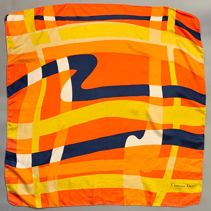 CHRISTIAN DIOR Carré en sergé de soie orange et bleu à blocs de couleur