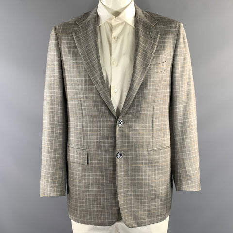 KITON Chest Size 44 Grey Yellow Plaid Cashmere Notch Lapel Sport Coat