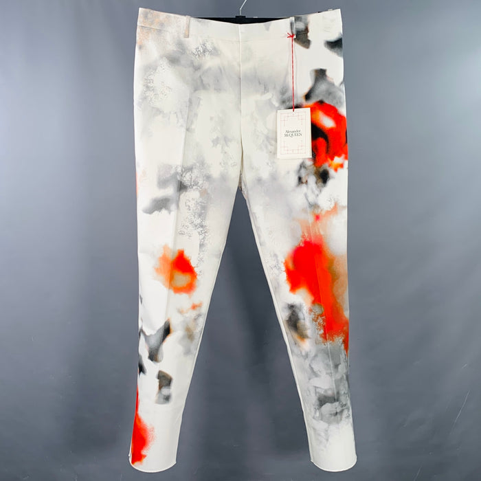 ALEXANDER MCQUEEN Size 40 White Multi Color Print Cotton Flat Front Dress Pants