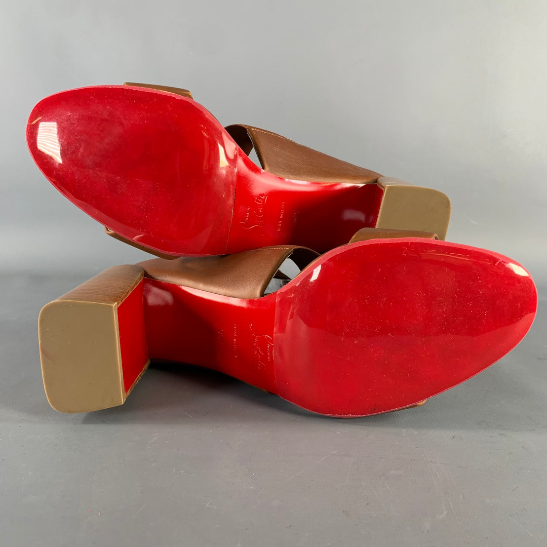 CHRISTIAN LOUBOUTIN Size 9.5 Patrouille Brown Leather Elastic Straps Block Heel Sandals