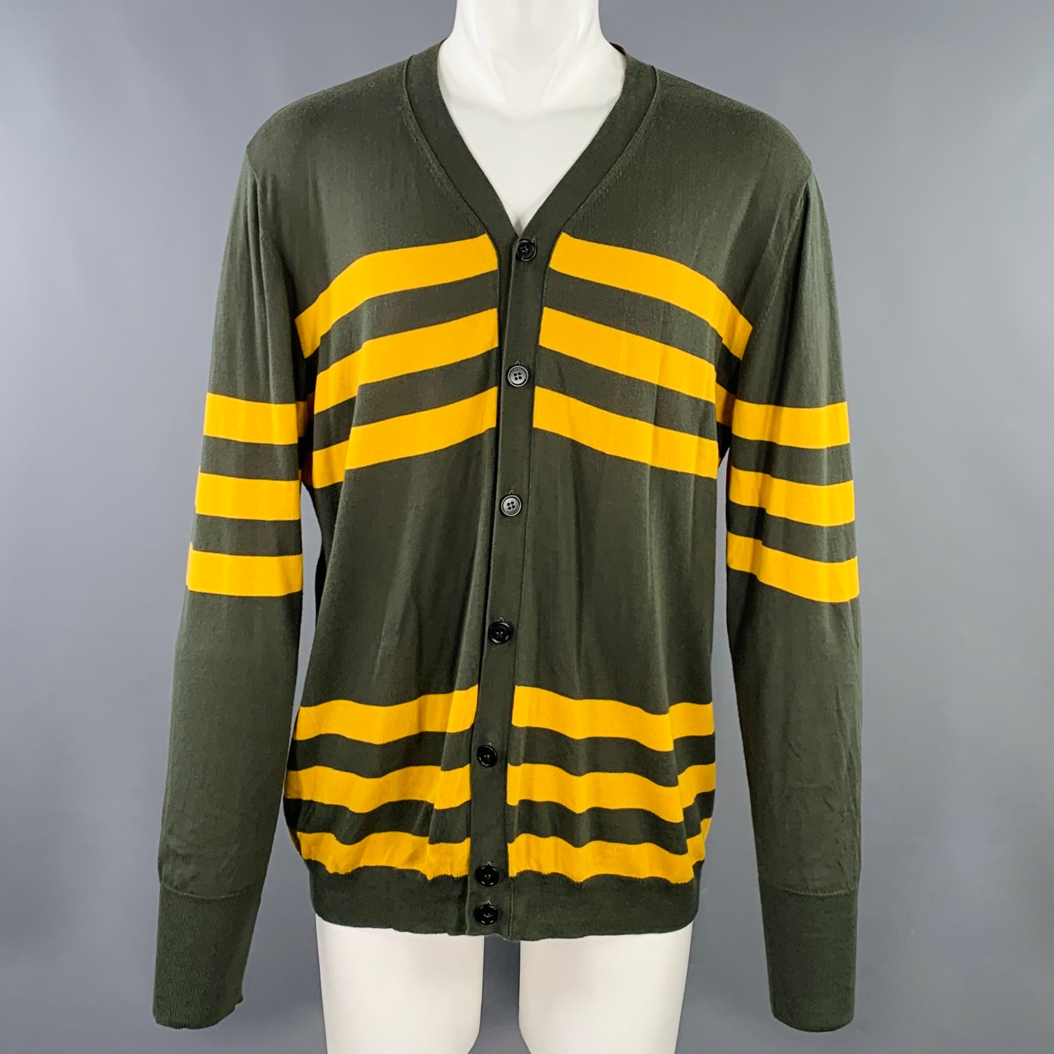 MARNI Size M Green Yellow Stripe Cotton V-Neck Cardigan – Sui