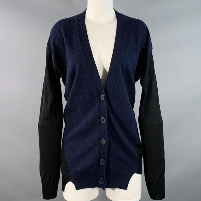 STELLA McCARTNEY Size 8 Navy Black Virgin Wool Two Tone V-Neck Cardigan