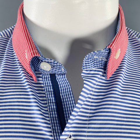ETRO Size L Blue White Red Stripe Long Sleeve Shirt