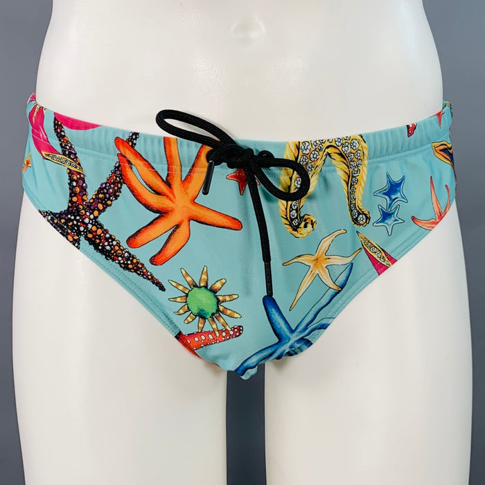 VERSACE Size S Blue Multi Color Seashells Starfish Nylon Drawstring Speedo