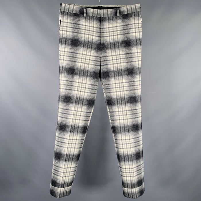 BLACK FLEECE Size 32 Grey White Plaid Wool Button Fly Dress Pants