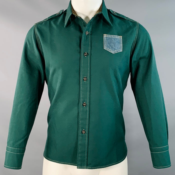 MAISON MARGIELA Size S Green Blue Contrast Trim Epaulets One Pocket Long Sleeve Shirt