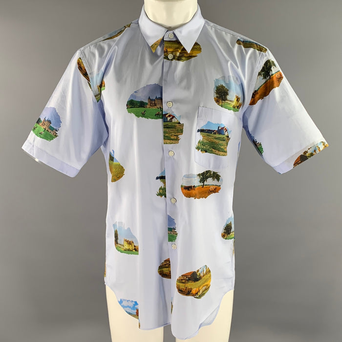 COMME des GARCONS Size XL Light Blue Photo Cotton Short Sleeve Shirt