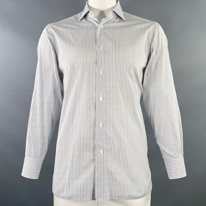 ERMENEGILDO ZEGNA Size L White Blue Brown Stripe Cotton Long Sleeve Shirt