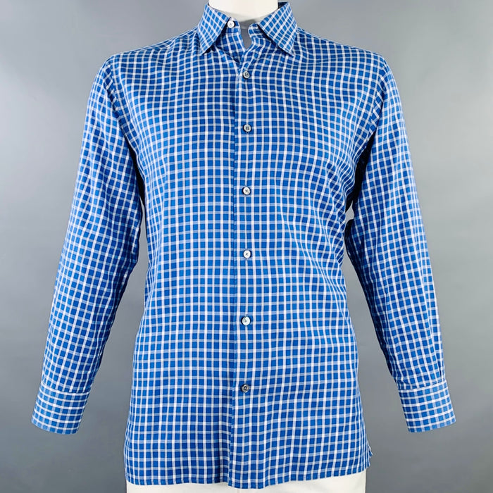 ERMENEGILDO ZEGNA Size L Blue White Checkered Cotton Long Sleeve Shirt