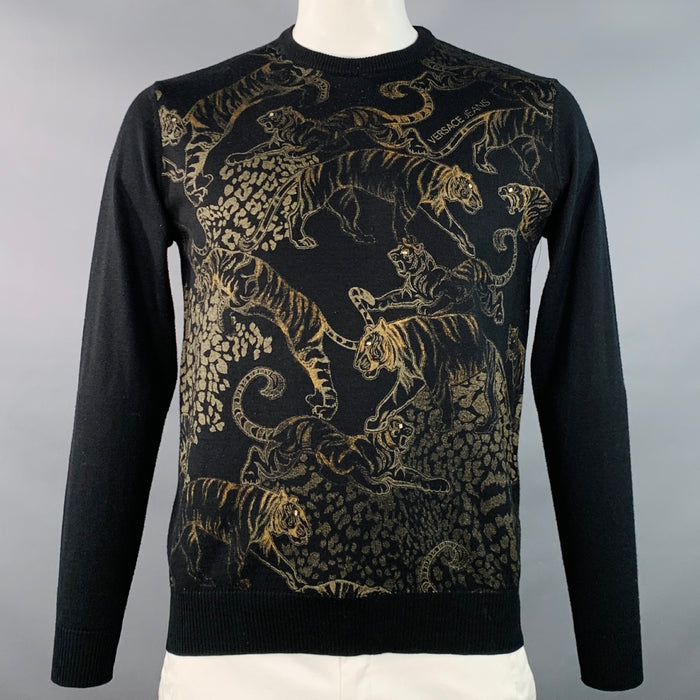 VERSACE JEANS Size L Black Gold Tiger Cotton Print Studded Crew Neck Sweater