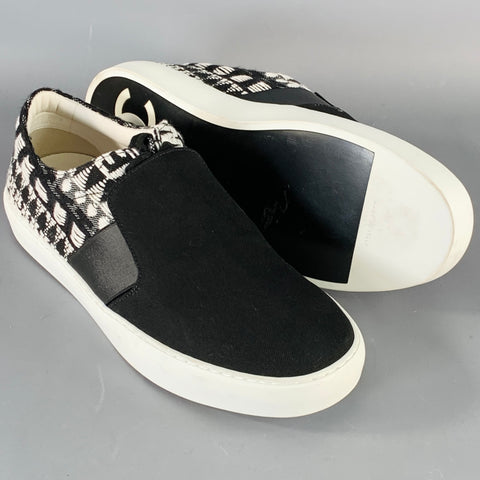 CHANEL Size 9 Black White Woven Canvas Slip On Lace-Up Sneakers