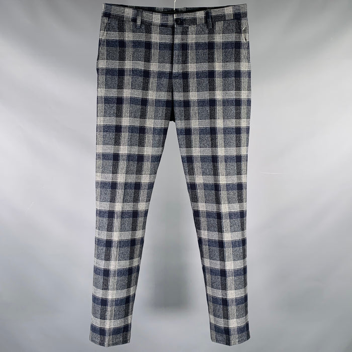 ETRO Size 30 Navy Grey Plaid Cotton Zip Fly Dress Pants
