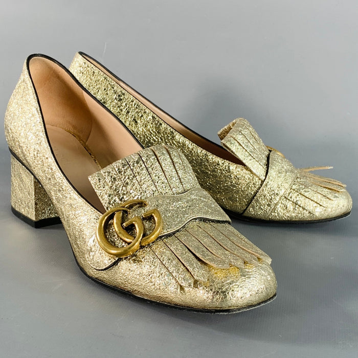 GUCCI Size 7.5 Metallic Gold Leather Textured Eyelash Fringed Pumps