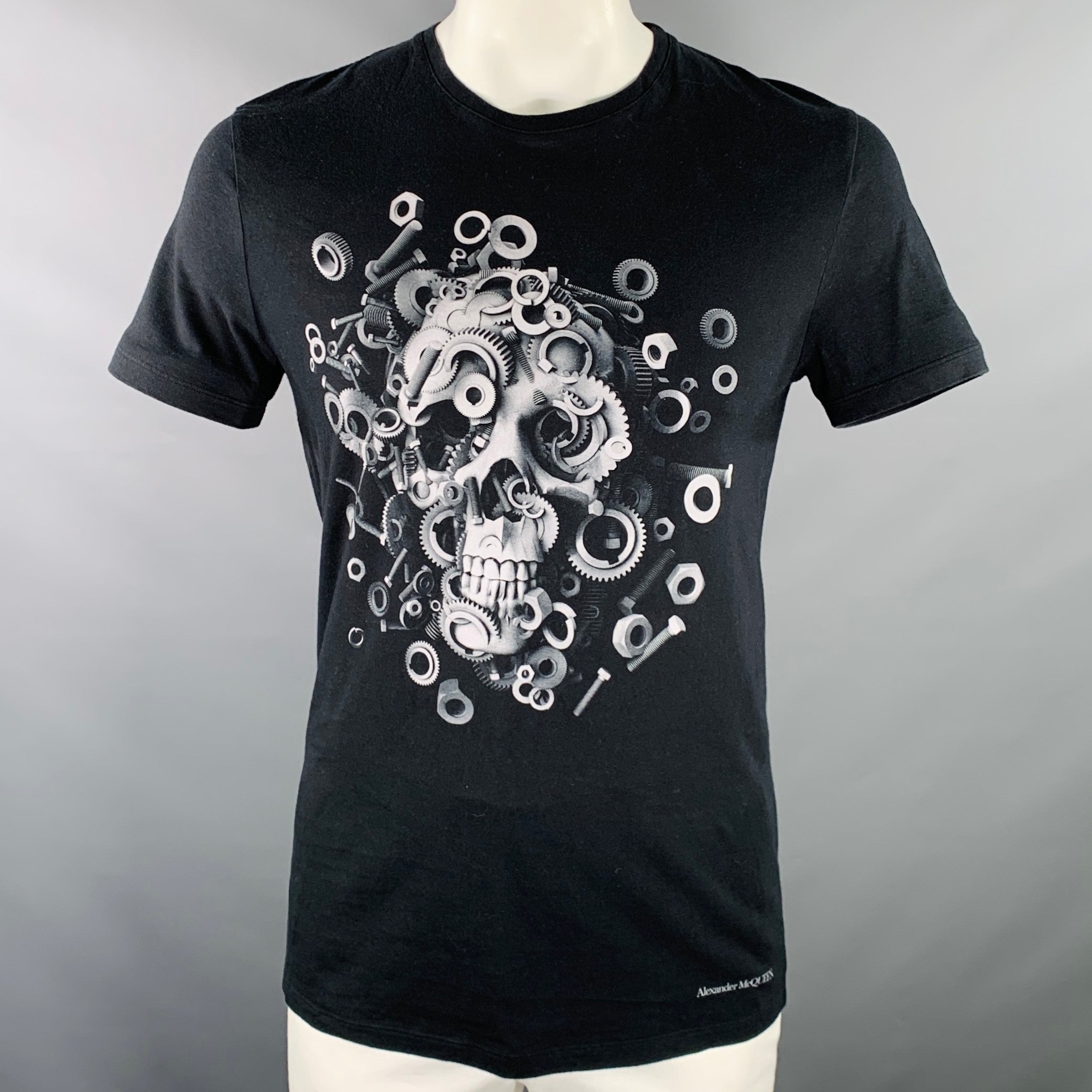 ALEXANDER MCQUEEN Size L Black Grey Skull Print Cotton Crew Neck T