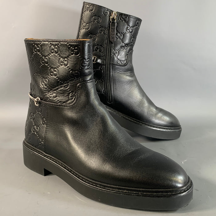 GUCCI Size 9.5 Black Leather 811377 Monogram Round Toe Boots