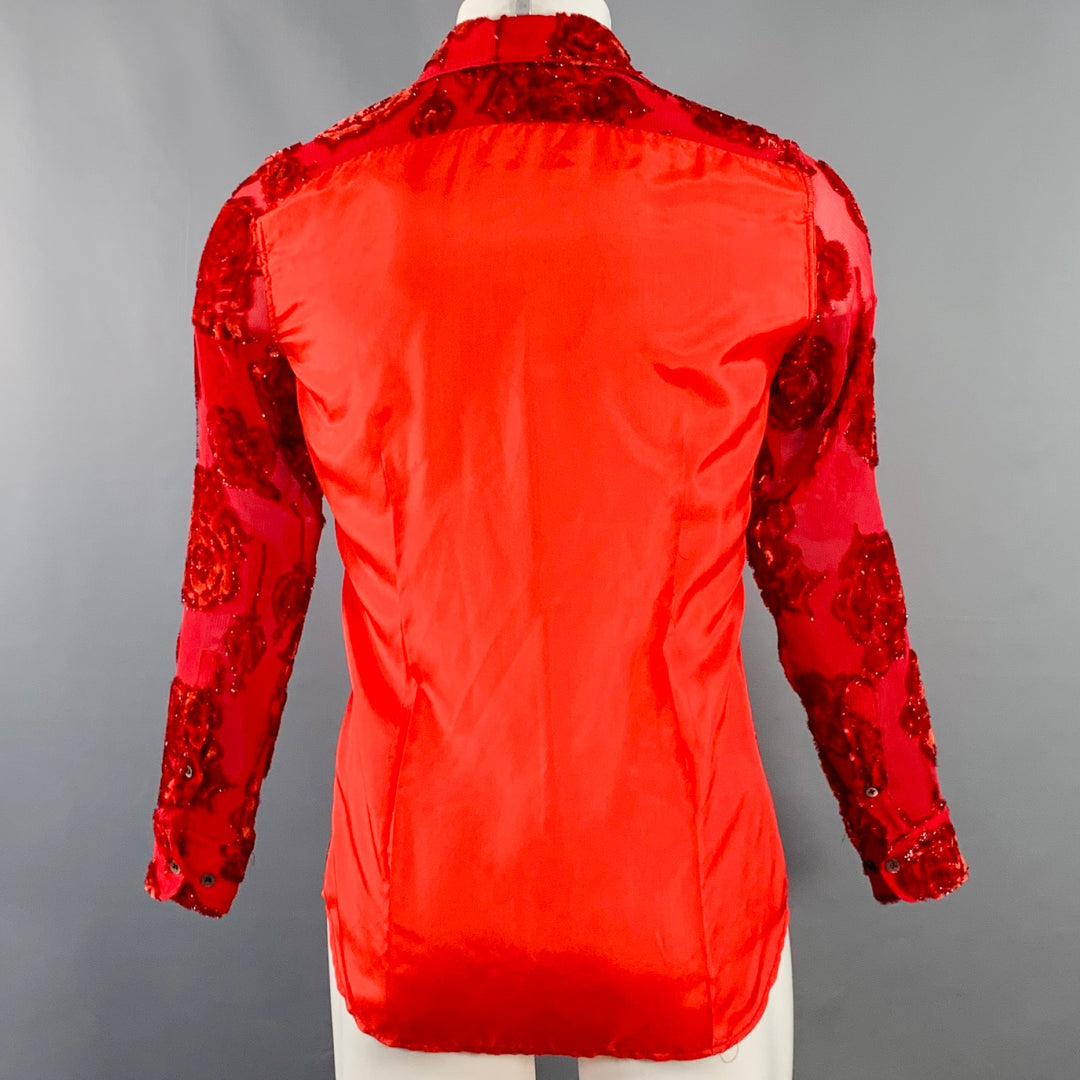 DRIES VAN NOTEN Size 38 Red Floral Viscose Silk Blend Sheer Long Sleeve Shirt