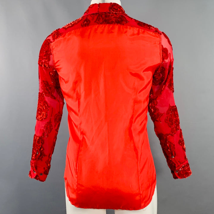 DRIES VAN NOTEN Size 38 Red Floral Viscose Silk Blend Sheer Long Sleeve Shirt