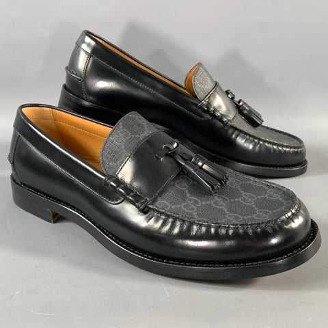 GUCCI 2023 Size 10.5 Black Monogram Leather Tassels Loafers