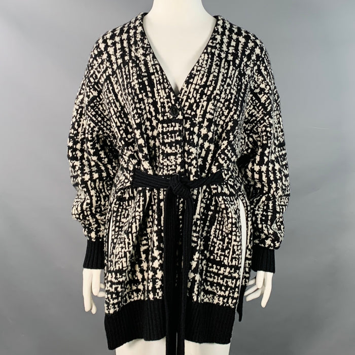 PROENZA SCHOULER Size L Black White Wool Geometric Knit V-Neck Tie Coat