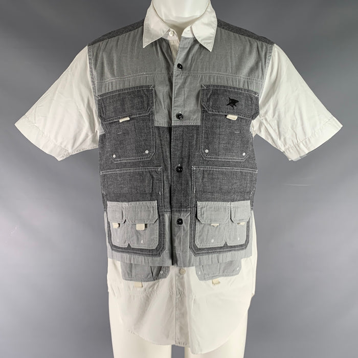 GANRYU Size S Grey White Cotton Patch Pockets Short Sleeve Shirt