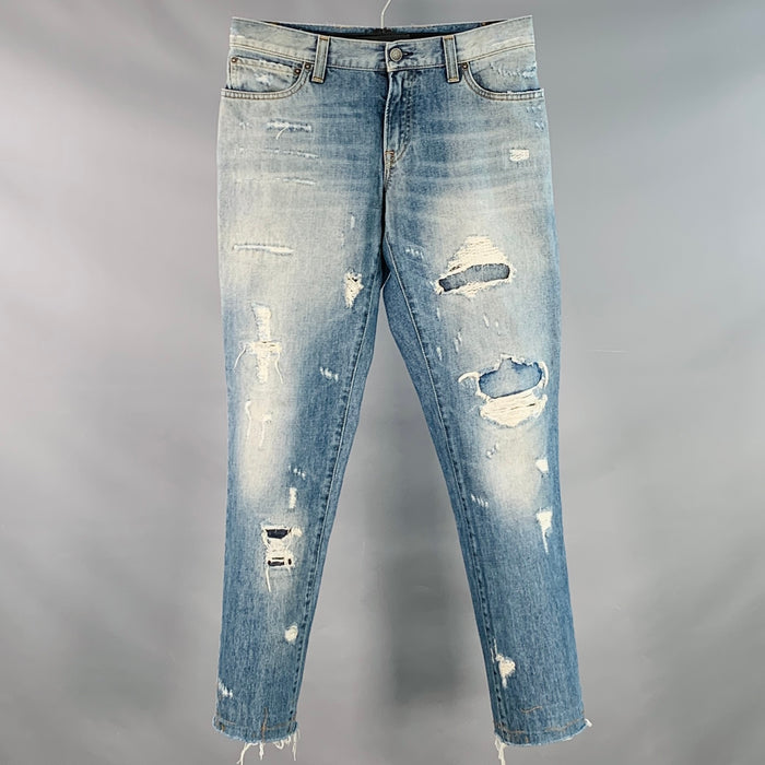DOLCE & GABBANA Size 30 Blue Distressed Denim Tapered Jeans