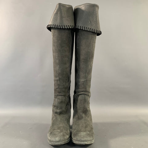 MICHELE NEGRI Size 8 Grey Black Leather Suede Contrast Stitch Boots