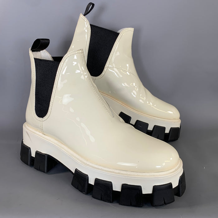 PRADA Size 11 White Leather Patent Leather Pull On Boots