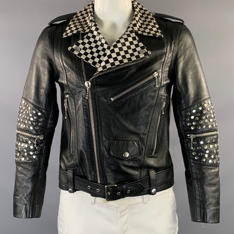CELINE FW2019 Size 40 Black White Studded Leather Biker Jacket
