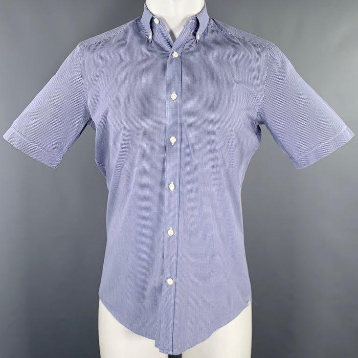 LANVIN Size 38 Blue White Gingham Cotton Short Sleeve Shirt